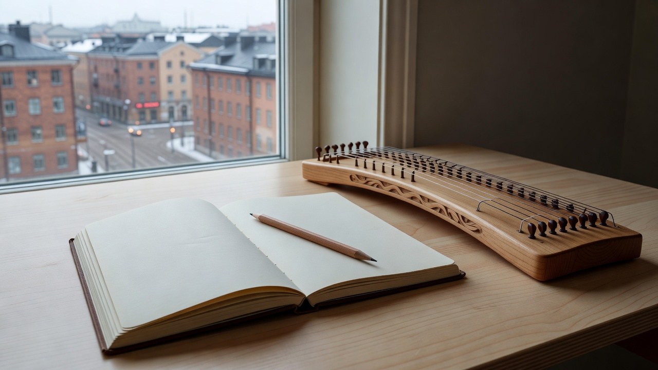 Työpöytä helsinkiläisessä työtilassa: avoin muistikirja, lyijykynä ja kantele ikkunan valossa